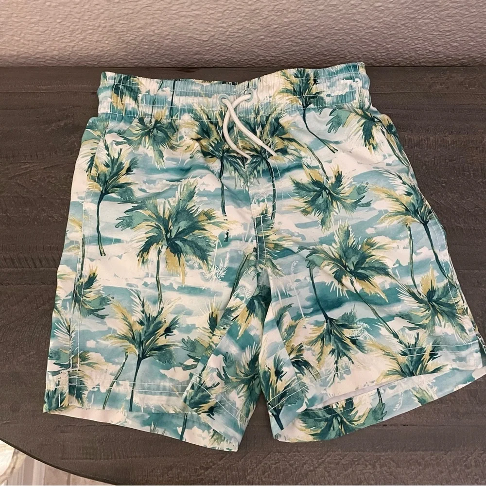 Old Navy Green and White Palm Swim Trunks